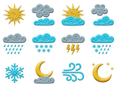 Forecast vector illustration of graphic design for climate. Plastic weather set - clouds, rain, snow, storm. Smooth isolated models of sun and moon. Decorative concept or sign of thunder in skies.のイラスト素材