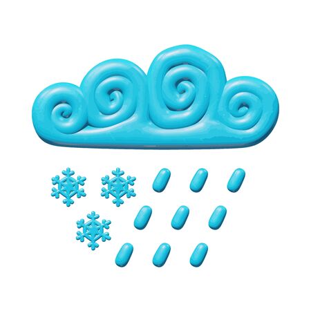 Sky vector illustration of web for nature - 3d sleet from curly blue cloud. Glossy isolated figure of rain and snowflakes. Creative idea or symbol of slush or cyclone in cloudscape atmosphere.のイラスト素材