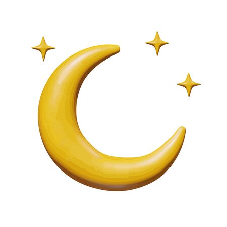 Sky vector illustration of web for meteorology - plastic moon and stars. Shiny isolated sculpture of celestial crescent at nighttime. Creative lunar shape art or sign of galaxy or universe.のイラスト素材