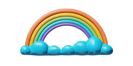 Forecast vector illustration of graphic design for nature - bright plastic rainbow in happy summer sky. Realistic isolated sculpture of blue cloud. Beautiful concept or sign of colorful air spectrum.のイラスト素材