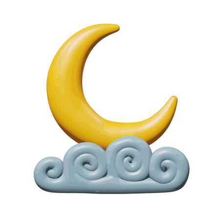 Forecast vector illustration of element for meteorology - plastic moon in gray cloud at bedtime. Shiny isolated toy of evening yellow moonlight. Decorative object of yellow moon as good night symbol.のイラスト素材