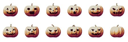 Pumpkin face abstract vintage icons for Halloween, fun and spooky autumn vector flat illustration. Isolated design of vegetable for party celebration with creative symbol for decoration.のイラスト素材