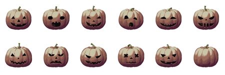 Pumpkin face set for Halloween, scary and creepy October vector pop art illustration in retro tone lines. Isolated element of season for holiday comics celebration with cutout symbol for banner.のイラスト素材
