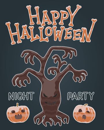 Happy Halloween night party flyer - bright jelly isolated vector illustration of scary brown tree plant and spooky pumpkin. Autumn black design for spooky holiday greeting. Halloween horror greeting.のイラスト素材