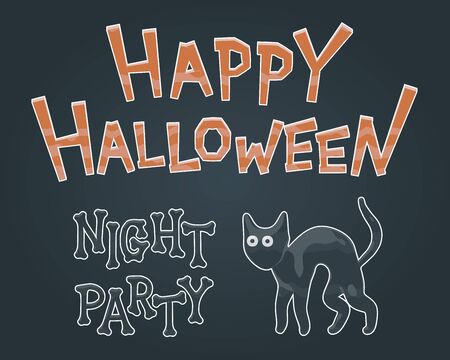 Happy Halloween night party banner - smooth glass isolated vector illustration of cute black cat and spooky text. October dark graphic for evil holiday invitation. Halloween fear, funny kitty.のイラスト素材