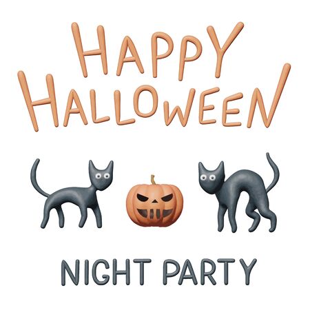 Clay vector illustration of orange pumpkin and cute kitten for Halloween party. Handmade 3d modeling graphic for happy Halloween, greeting flyer with black cats. Isolated art for creepy night party.のイラスト素材