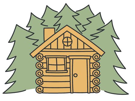 Log cabin - outline summer house in white background. Nature forest tree vector illustration. Outdoor landscape - brown wooden lodge in village or forest. Countryside architecture as travel symbol.のイラスト素材