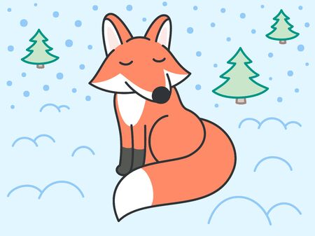 Cute orange fox - flat design outline character. Drawing vector illustration of simple red animal and forest wildlife. Funny mammal pet in cartoon art style. Isolated childish cartoon fox, sit pose.のイラスト素材