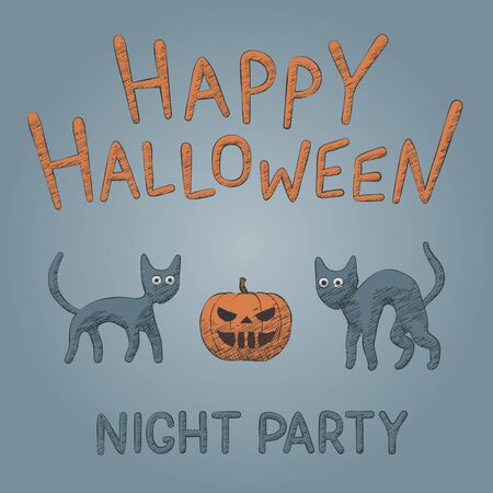 Hand drawn pumpkin vector illustration for Halloween party with black cats. Freehand element for happy Halloween creepy holiday design. Isolated hatching art for scary night party, fun autumn banner.のイラスト素材