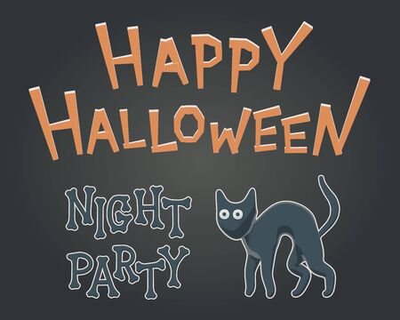 Toon flat vector illustration for Happy Halloween. Drawing style for night party with creepy, but cute kitty. Celebration invitation with isolated cat character for autumn banner. Happy feline party.のイラスト素材