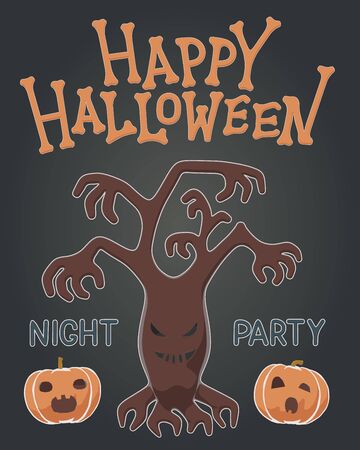 Toon flat vector illustration of plants for Happy Halloween. Drawing style for night party with spooky haunted tree and orange pumpkins. Greeting invitation with isolated character for october event.のイラスト素材