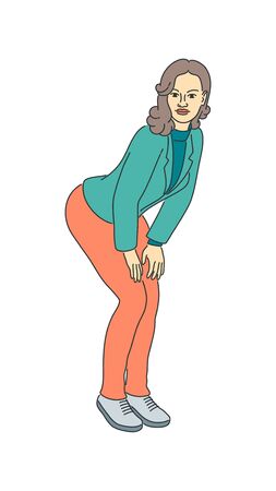 Drawn sexy adult female standing in a seductive pose. Cute young girl isolated vector illustration. Cartoon woman character. Attractive smiling person. Pretty slim lady in a jacket and fashion pants.のイラスト素材