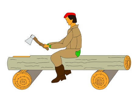Carpenter at work. Implementation of the rough tracks in the round log.のイラスト素材