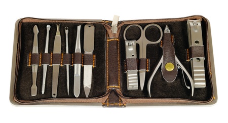 Box with manicure tools, stainless steel on a white backgroundの写真素材
