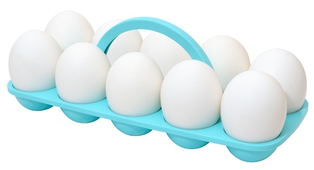 White eggs in their original plastic container with handleの写真素材