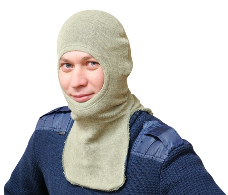 A man in a balaclava - designed to further protect the head from heat and fire of climate impactsの写真素材