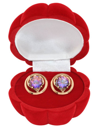 Gold earrings with large stones, rock crystal casket in the red-shell