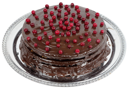 Homemade chocolate cake on a metal round dish. Isolated on whiteの写真素材