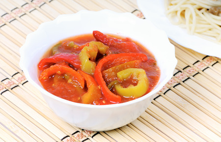 Letcho of bell peppers in tomato sauceの写真素材