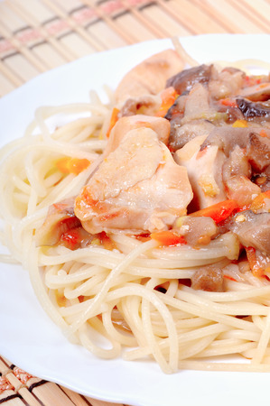 Italian spaghetti with goulash of chicken breasts, mushrooms and carrotsの写真素材