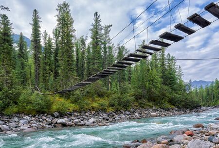 Pedestrian suspension bridge over a turbulent rivulet. Taiga of Eastern Siberia. Buryatia. Russiaの写真素材
