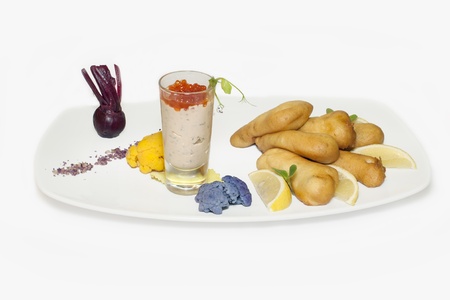 Breaded fish with tartar sauce and caviarの写真素材