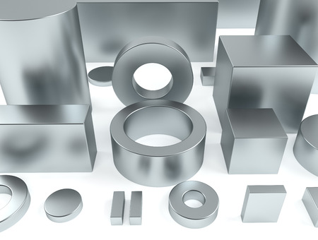Metal shapes of iron and rare earth magnets 3D renderingの写真素材