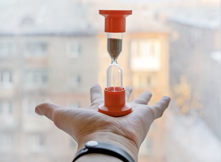 Woman's hand with an hourglass on the background of street view.The concept of the rapid flow of...