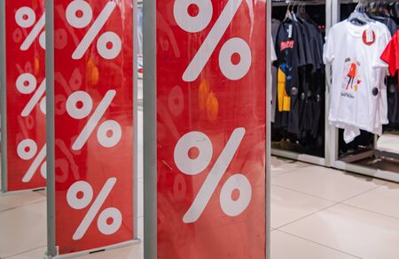 Discount on the banner on sale at the Mall at the entrance. Soft focus and blurred backgroundの写真素材