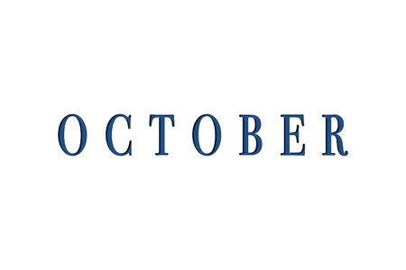 The month of October is isolated in blue on a white background.の写真素材