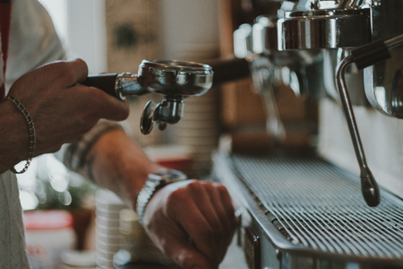 Espresso machine pouring coffeeの写真素材