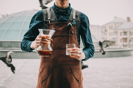 Professional barista preparing coffee alternative methodの写真素材