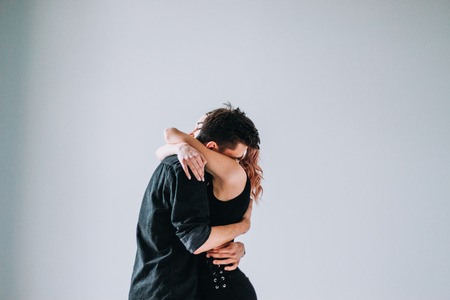 Young couple in love have fun i on new years eve or st valentines day. indoorの写真素材