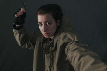 Ukrainian woman with molotov standingの写真素材