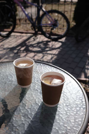 Paper coffee cup in coffee shop.の写真素材