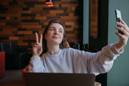 Smiling woman sitting on kitchen sofa talking by videocall dating online looking at phone. Video blogger vlogger recording vlog at home. Lifestyle vlogging concept, head shotの写真素材
