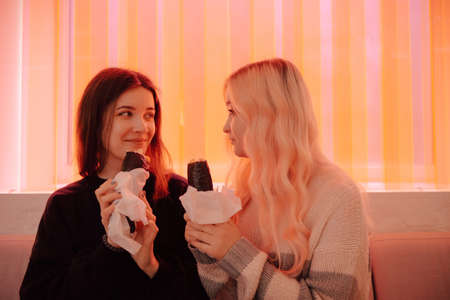 LGBT Lesbian couple eat sushi rolls in asian cafeの写真素材
