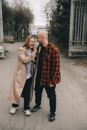 Loving caucasian blond couple walkingの写真素材