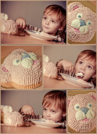 cute boy eats torte  Happy birthday  Collageの写真素材