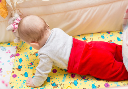 Cute baby lying on his stomach in his bed.