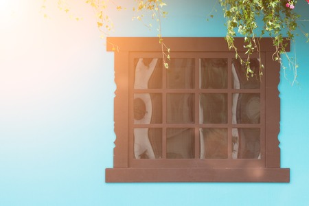 View from the front of the wooden brown window on the blue houseの写真素材