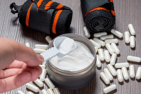 Sports supplements for bodybuilding. Protein, bcaa, capsulesの写真素材