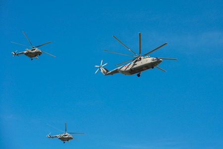 Moscow, Russia. May 9, 2018. Military helicopter against the blue skyのeditorial素材