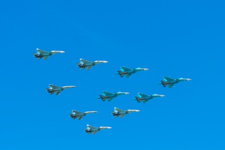 Moscow, Russia. May 9, 2018. Military aircraft against the blue skyのeditorial素材