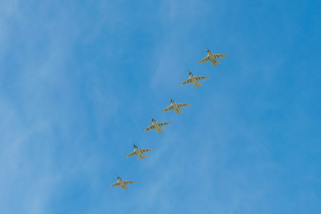 Moscow, Russia. May 9, 2018. Military aircraft against the blue skyのeditorial素材
