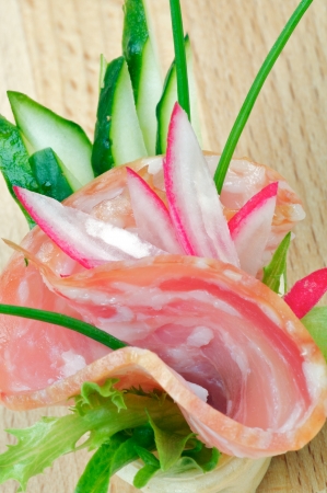 Appetizer of Salchichon, Cucucmber and Radish closeupの写真素材