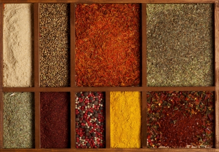 Spicy Spices in Wooden Box as Background close upの写真素材