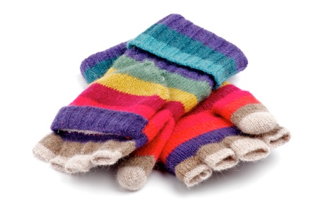 Pair of Rainbow Striped Gloves with Fingers isolated on white backgroundの写真素材