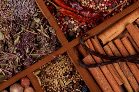 Cinnamon Sticks, Vanilla Pods and Spices close up on Wooden Box backgroundの写真素材