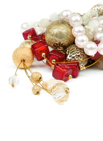 Arrangement Gold Pendant, Ruby Necklace and Jewelry closeup on white backgroundの写真素材